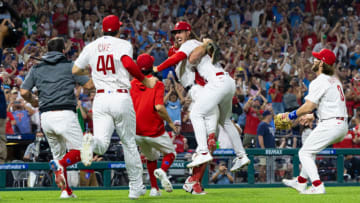 Aug 9, 2023; Philadelphia, Pennsylvania, USA; Philadelphia Phillies starting pitcher Michael Lorenzen (22) celebrates with teammates after pitching a no hitter for a victory against the Washington Nationals at Citizens Bank Park. Mandatory Credit: Bill Streicher-USA TODAY Sports