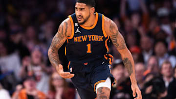 NEW YORK, NEW YORK - NOVEMBER 02: Obi Toppin #1 of the New York Knicks gestures to a referee during the second quarter of the game against the Atlanta Hawks at Madison Square Garden on November 02, 2022 in New York City. NOTE TO USER: User expressly acknowledges and agrees that, by downloading and or using this photograph, User is consenting to the terms and conditions of the Getty Images License Agreement. (Photo by Dustin Satloff/Getty Images)