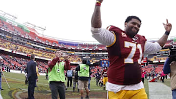 Oct 4, 2015; Landover, MD, USA; Washington Redskins tackle Trent Williams (71) celebrates while leaving the field after the Reskins