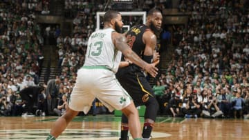 BOSTON, MA - FEBRUARY 11: Marcus Morris #13 of the Boston Celtics defends against LeBron James #23 of the Cleveland Cavaliers during the game between the two teams on February 11, 2018 at the TD Garden in Boston, Massachusetts. NOTE TO USER: User expressly acknowledges and agrees that, by downloading and or using this photograph, User is consenting to the terms and conditions of the Getty Images License Agreement. Mandatory Copyright Notice: Copyright 2018 NBAE (Photo by Brian Babineau/NBAE via Getty Images)