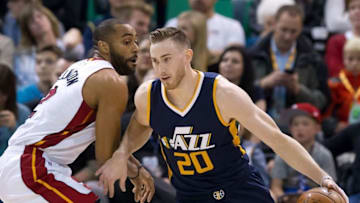 Dec 1, 2016; Salt Lake City, UT, USA; Miami Heat guard Wayne Ellington (2) defends against Utah Jazz forward Gordon Hayward (20) during the first half at Vivint Smart Home Arena. Mandatory Credit: Russ Isabella-USA TODAY Sports