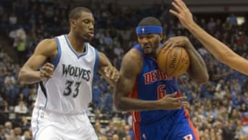 Oct 30, 2014; Minneapolis, MN, USA; Detroit Pistons forward Josh Smith (6) drives to the basket past Minnesota Timberwolves forward Thaddeus Young (33) in the first half at Target Center. Mandatory Credit: Jesse Johnson-USA TODAY Sports