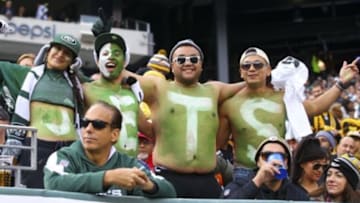 Nov 9, 2014; East Rutherford, NJ, USA; Fans of the New York Jets celebrate during the first half of the New York Jets game against the Pittsburgh Steelers at MetLife Stadium. Mandatory Credit: Ed Mulholland-USA TODAY Sports