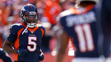 DENVER, COLORADO - OCTOBER 17: Teddy Bridgewater #5 of the Denver Broncos takes the field before the game against the Las Vegas Raiders at Empower Field At Mile High on October 17, 2021 in Denver, Colorado. (Photo by Justin Edmonds/Getty Images)