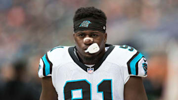 CHICAGO, IL - OCTOBER 22: Bryan Cox Jr. #91 of the Carolina Panthers on the sidelines during a game against the Chicago Bears at Soldier Field on October 22, 2017 in Chicago, Illinois. The Bears defeated the Panthers 17-3. (Photo by Wesley Hitt/Getty Images)