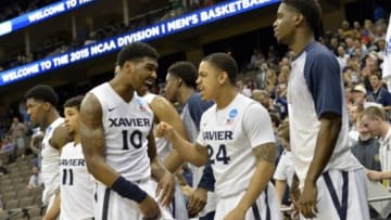 Mar 19, 2015; Jacksonville, FL, USA; Xavier Musketeers guard Remy Abell (10) and guard Andrew Mitchell (24) react against the Mississippi Rebels in the second half of a game in the second round of the 2015 NCAA Tournament at Jacksonville Veteran Memorial Arena. Xavier defeated Mississippi 76-57. Mandatory Credit: Tommy Gilligan-USA TODAY Sports