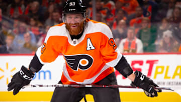 PHILADELPHIA, PA - NOVEMBER 13: Jakub Voracek #93 of the Philadelphia Flyers looks on against the Washington Capitals at Wells Fargo Center on November 13, 2019 in Philadelphia, Pennsylvania. (Photo by Mitchell Leff/Getty Images)