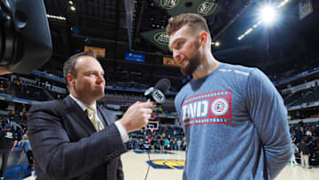 Domantas Sabonis #11 of the Indiana Pacers speaks to the media following the game against the OKC Thunder on (Photo by Ron Hoskins/NBAE via Getty Images)