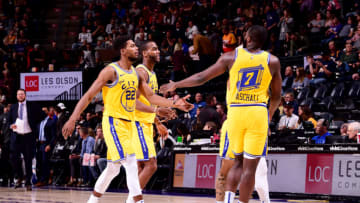 SALT LAKE CITY, UT - NOVEMBER 22: The Golden State Warriors walk off of the floor during the game against the Utah Jazz on November 22, 2019 at vivint.SmartHome Arena in Salt Lake City, Utah. NOTE TO USER: User expressly acknowledges and agrees that, by downloading and or using this Photograph, User is consenting to the terms and conditions of the Getty Images License Agreement. Mandatory Copyright Notice: Copyright 2019 NBAE (Photo by Noah Graham/NBAE via Getty Images)