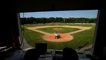 BREWSTER, MA - AUGUST 13: A view of the field from the announcers box during game three of the Cape Cod League Championship Series between the Bourne Braves and the Brewster Whitecaps at Stony Brook Field on August 13, 2017 in Brewster, Massachusetts. The Cape Cod League was founded in 1885 and is the premier summer baseball league for college athletes. Over 1100 of these student athletes have gone on to compete in MLB including Chris Sale, Carlton Fisk, Joe Girardi, Nomar Garciaparra and Jason Varitek. The chance to see future big league stars up close makes Cape Cod League games a popular activity for the families in each of the 10 towns on the Cape to host a team. Each team is a non-profit organization, relying on labor from volunteers and donations from spectators to run each year. (Photo by Maddie Meyer/Getty Images)