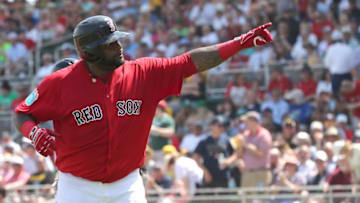 Mar 14, 2016; Fort Myers, FL, USA; Boston Red Sox third baseman Pablo Sandoval (48) celebrates as he points to the fans as he hit a solo home run during the first inning against the Pittsburgh Pirates at JetBlue Park. Mandatory Credit: Kim Klement-USA TODAY Sports
