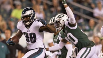 PHILADELPHIA, PA - AUGUST 30: Matt Jones #38 of the Philadelphia Eagles runs the ball against Brandon Bryant #40 of the New York Jets in the fourth quarter during the preseason game at Lincoln Financial Field on August 30, 2018 in Philadelphia, Pennsylvania. The Eagles defeated the Jets 10-9. (Photo by Mitchell Leff/Getty Images)
