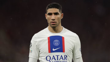 MUNICH, GERMANY - MARCH 08: Achraf Hakimi of PSG looks on during the UEFA Champions League round of 16 leg two match between FC Bayern München and Paris Saint-Germain at Allianz Arena on March 08, 2023 in Munich, Germany. (Photo by Jonathan Moscrop/Getty Images)