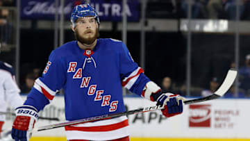 NEW YORK, NEW YORK - OCTOBER 29: Ryan Lindgren #55 of the New York Rangers looks on during the second period against the Columbus Blue Jackets at Madison Square Garden on October 29, 2021 in New York City. (Photo by Sarah Stier/Getty Images)
