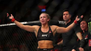 7DETROIT, MI - DECEMBER 02: Amanda Cooper celebrates her victory over Angela Magana during UFC 218 at Little Ceasers Arena on December 2, 2018 in Detroit, Michigan. (Photo by Gregory Shamus/Getty Images)
