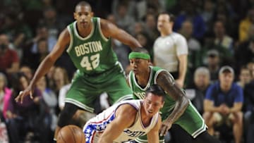 Oct 4, 2016; Amherst, MA, USA; Philadelphia 76ers guard T.J. McConnell (1) and Boston Celtics guard Isaiah Thomas (4) watch the ball during the first half at William D. Mullins Center. Mandatory Credit: Bob DeChiara-USA TODAY Sports