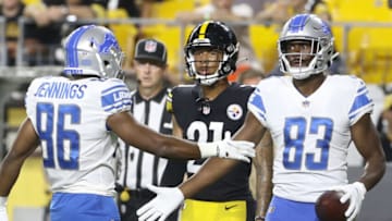 Aug 21, 2021; Pittsburgh, Pennsylvania, USA; Detroit Lions wide receiver Darius Jennings (86) congratulates wide receiver Javon McKinley (83) on his touchdown against the Pittsburgh Steelers during the fourth quarter at Heinz Field. Pittsburgh won 26-20. Mandatory Credit: Charles LeClaire-USA TODAY Sports