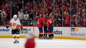 WASHINGTON, DC - NOVEMBER 03: Jakub Vrana #13 of the Washington Capitals celebrates after scoring his third goal of the game for a hat trick in the second period against the Calgary Flames at Capital One Arena on November 3, 2019 in Washington, DC. (Photo by Patrick McDermott/NHLI via Getty Images)