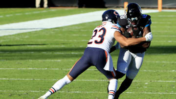 JACKSONVILLE, FLORIDA - DECEMBER 27: Kyle Fuller #23 of the Chicago Bears tackles Chris Conley #18 of the Jacksonville Jaguars at TIAA Bank Field on December 27, 2020 in Jacksonville, Florida. (Photo by Sam Greenwood/Getty Images)