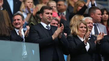 MANCHESTER, ENGLAND - MAY 19: (l-r) Txiki Begiristain the Director of Football at Manchester City, Ferran Soriano the CEO and Vicky Kloss the chief communications officer of Manchester City look on prior to the Barclays Premier League match between Manchester City and Norwich City at Etihad Stadium on May 19, 2013 in Manchester, England. (Photo by Alex Livesey/Getty Images)