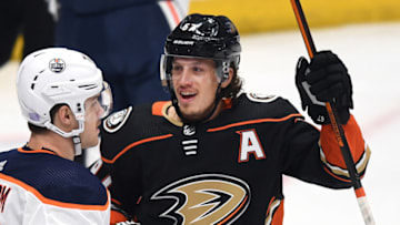 ANAHEIM, CA - NOVEMBER 10: Anaheim Ducks left wing Rickard Rakell (67) reacts after scoring a goal during the first period a game against the Edmonton Oilers played on November 10, 2019 at the Honda Center in Anaheim, CA. (Photo by John Cordes/Icon Sportswire via Getty Images)