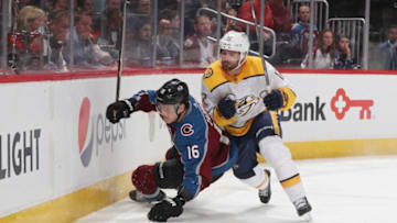 Mike Fisher #12 of the Nashville Predators and Nikita Zadorov #16 of the Colorado Avalanche (Photo by Michael Martin/NHLI via Getty Images)