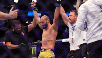 LAS VEGAS, NEVADA - DECEMBER 11: Bruno Silva of Brazil celebrates his knockout victory over Jordan Wright during their middleweight fight in the UFC 269 event at T-Mobile Arena on December 11, 2021 in Las Vegas, Nevada. (Photo by Carmen Mandato/Getty Images)