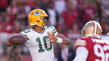 August 12, 2022; Santa Clara, California, USA; Green Bay Packers quarterback Jordan Love (10) passes the football against San Francisco 49ers defensive end Kerry Hyder Jr. (92) during the first quarter at Levi's Stadium. Mandatory Credit: Kyle Terada-USA TODAY Sports