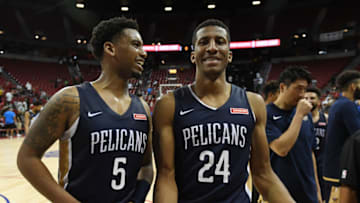LAS VEGAS, NEVADA - JULY 06: Trevon Bluiett #5 and Aubrey Dawkins #24 of the New Orleans Pelicans walk off the court after their game against the Washington Wizards during the 2019 NBA Summer League at the Thomas & Mack Center on July 6, 2019 in Las Vegas, Nevada. (Photo by Ethan Miller/Getty Images)