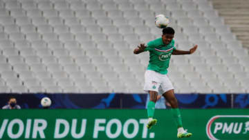 Saint-Etienne's French defender Wesley Fofana jumps for the ball during the French Cup final football match between Paris Saint-Germain (PSG) and Saint-Etienne (ASSE) on July 24, 2020, at the Stade de France in Saint-Denis, outside Paris. (Photo by GEOFFROY VAN DER HASSELT / AFP) (Photo by GEOFFROY VAN DER HASSELT/AFP via Getty Images)