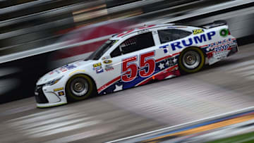 FORT WORTH, TX - NOVEMBER 04: Reed Sorenson, driver of the #55 Trump - Pence Toyota, drives during Salute to Veterans Qualifying Fueled by Texas Lottery for the NASCAR Sprint Cup Series AAA Texas 500 at Texas Motor Speedway on November 4, 2016 in Fort Worth, Texas. (Photo by Jared C. Tilton/Getty Images)
