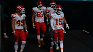 MIAMI GARDENS, FLORIDA - DECEMBER 13: Patrick Mahomes #15 of the Kansas City Chiefs gets ready to take the field before the game against the Miami Dolphins at Hard Rock Stadium on December 13, 2020 in Miami Gardens, Florida. (Photo by Mark Brown/Getty Images)