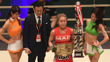 SAITAMA, JAPAN - DECEMBER 31: Seo Hee Ham of South Korea celebrates the victory in the RIZIN Super Atom Weight Championship Match during the RIZIN.20 at Saitama Super Arena on December 31, 2019 in Saitama, Japan. (Photo by Masashi Hara/Getty Images)