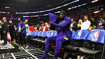 LOS ANGELES, CALIFORNIA - OCTOBER 22: LeBron James #23 of the Los Angeles Lakers sits during warm up before the game against the LA Clippers in the LA Clippers season home opener at Staples Center on October 22, 2019 in Los Angeles, California. (Photo by Harry How/Getty Images)