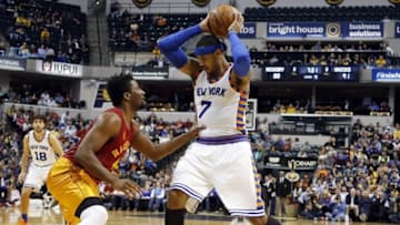 Feb 24, 2016; Indianapolis, IN, USA; New York Knicks forward Carmelo Anthony (7) is guarded by Indiana Pacers forward Solomon Hill (44) at Bankers Life Fieldhouse. Indiana defeats New York 108-105. Mandatory Credit: Brian Spurlock-USA TODAY Sports
