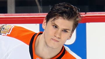 NEWARK, NJ - APRIL 04: Samuel Morin #50 of the Philadelphia Flyers skates in warm-ups prior to playing in his first NHL game against the New Jersey Devils at the Prudential Center on April 4, 2017 in Newark, New Jersey. (Photo by Bruce Bennett/Getty Images)