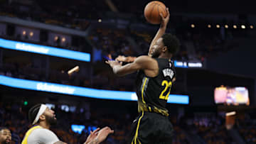SAN FRANCISCO, CALIFORNIA - MAY 02: Andrew Wiggins #22 of the Golden State Warriors passes the ball against the Los Angeles Lakers during the third quarter in game one of the Western Conference Semifinal Playoffs at Chase Center on May 02, 2023 in San Francisco, California. NOTE TO USER: User expressly acknowledges and agrees that, by downloading and or using this photograph, User is consenting to the terms and conditions of the Getty Images License Agreement. (Photo by Ezra Shaw/Getty Images)