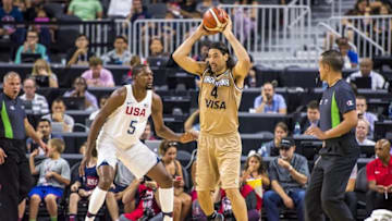 Jul 22, 2016; Las Vegas, NV, USA; Argentina forward Luis Scola (4) looks to pass as USA guard Kevin Durant (5) defends during a basketball exhibition game at T-Mobile Arena. USA won 111-74. Mandatory Credit: Joshua Dahl-USA TODAY Sports