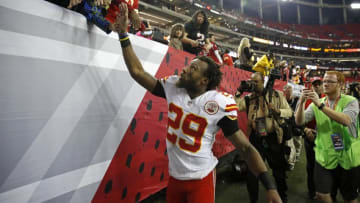 Dec 4, 2016; Atlanta, GA, USA; Kansas City Chiefs strong safety Eric Berry (29) celebrates with fans after defeating the Atlanta Falcons 29-28 at the Georgia Dome. Mandatory Credit: Jason Getz-USA TODAY Sports