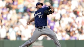 Oct 2, 2016; Denver, CO, USA; Milwaukee Brewers relief pitcher Tyler Thornburg (37) delivers a pitch in the ninth inning against the Colorado Rockies at Coors Field. Mandatory Credit: Isaiah J. Downing-USA TODAY Sports