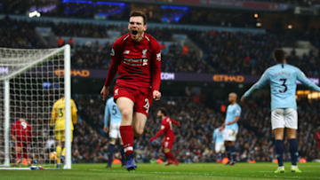 MANCHESTER, ENGLAND - JANUARY 03: Andy Robertson of Liverpool celebrates his sides first goal during the Premier League match between Manchester City and Liverpool FC at the Etihad Stadium on January 3, 2019 in Manchester, United Kingdom. (Photo by Clive Brunskill/Getty Images)