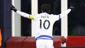 Oct 17, 2015; Foxborough, MA, USA; Montreal Impact midfielder Ignacio Piatti (10) celebrates a goal against the New England Revolution during the second half at Gillette Stadium. Mandatory Credit: Mark L. Baer-USA TODAY Sports