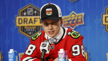 NASHVILLE, TENNESSEE - JUNE 28: Connor Bedard speaks to the media after being selected by the Chicago Blackhawks with the first overall pick during round one of the 2023 Upper Deck NHL Draft at Bridgestone Arena on June 28, 2023 in Nashville, Tennessee. (Photo by Jason Kempin/Getty Images)