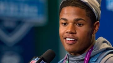 Feb 26, 2016; Indianapolis, IN, USA; Oklahoma wide receiver Sterling Shepard speaks to the media during the 2016 NFL Scouting Combine at Lucas Oil Stadium. Mandatory Credit: Trevor Ruszkowski-USA TODAY Sports