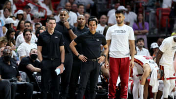 Head Coach Erik Spoelstra of the Miami Heat reacts against the Boston Celtics(Photo by Andy Lyons/Getty Images)