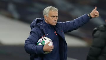 Tottenham Hotspur's Portuguese head coach Jose Mourinho gestures during the English League Cup fourth round football match between Tottenham Hotspur and Chelsea at Tottenham Hotspur Stadium in London, on September 29, 2020. (Photo by Matt Dunham / AFP) / RESTRICTED TO EDITORIAL USE. No use with unauthorized audio, video, data, fixture lists, club/league logos or 'live' services. Online in-match use limited to 120 images. An additional 40 images may be used in extra time. No video emulation. Social media in-match use limited to 120 images. An additional 40 images may be used in extra time. No use in betting publications, games or single club/league/player publications. / (Photo by MATT DUNHAM/AFP via Getty Images)