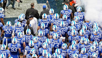 Dec 26, 2015; Bronx, NY, USA; The Duke Blue Devils takes the field before the 2015 New Era Pinstripe Bowl against the against the Indiana Hoosiers at Yankee Stadium. The Blue Devils won 44-41 in overtime. Mandatory Credit: Vincent Carchietta-USA TODAY Sports