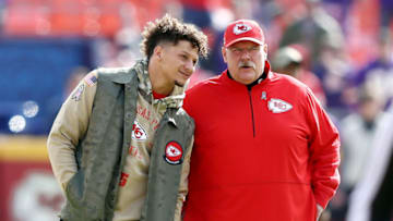Patrick Mahomes #15 of the Kansas City Chiefs talks with head coach Andy Reid (Photo by Jamie Squire/Getty Images)