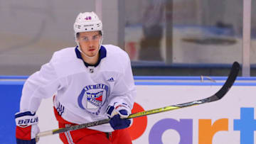 NEW YORK, NY - JUNE 29: New York Rangers Center Brett Howden (48) skates during New York Rangers Prospect Development Camp on June 29, 2018 at the MSG Training Center in New York, NY. (Photo by Rich Graessle/Icon Sportswire via Getty Images)