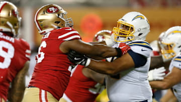 Larry Allen Jr. #68 of the Los Angeles Chargers against Jordan Thompson #76 of the San Francisco 49ers (Photo by Lachlan Cunningham/Getty Images)